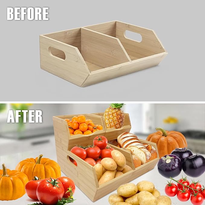 MinBoo Bamboo Stackable Pantry Storage Bins Potato and Onion Storage,Fruit Basket for Pantry Organization,Fruit Bowl for Kitchen Counter,Fruit and Vegetable Storage (Bamboo)