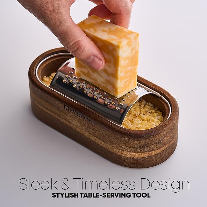 Wagensteiger Removable SUS304 Stainless Steel Cheese Grater with Wooden Container, Wooden Shredder, Citrus Zester, Perfect for Presenting Freshly Grated Cheese or Zest