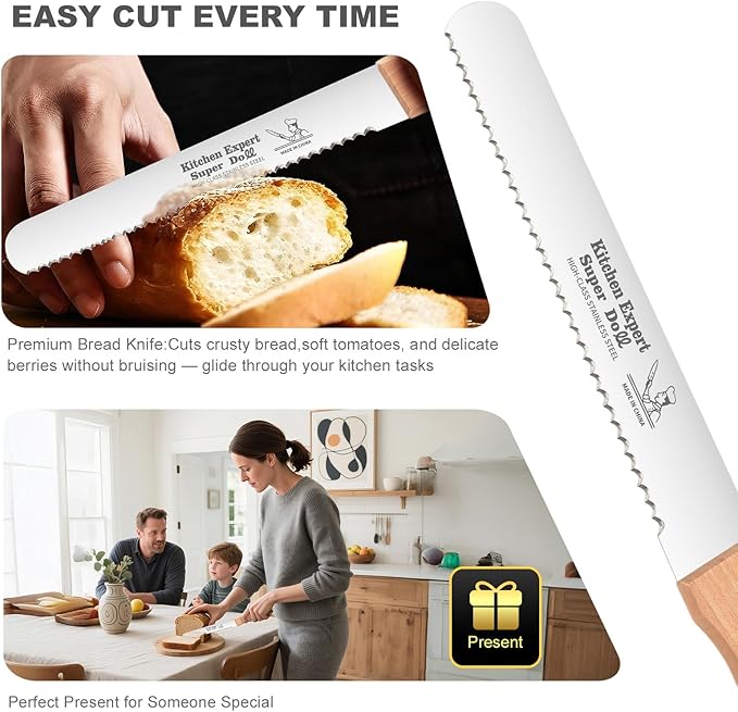 LenDLY 2-Pack Bread Knife & Bread Lame Set: 10" Premium Stainless Steel Serrated Knives Blade with Wood Handle for Homemade Bread, Sourdough Tomato, Bagel + Dough Scoring Tool for Razor Sharp Carving