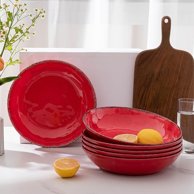 ZAROCRUS Farmhouse Melamine Pasta Bowls Set of 6, 42 OZ Large Serving Bowls Set, 9.25 inch Ramen Bowls,Wide and Shadow Rustic Red Round Dinner Bowl, Fruit bowl, Noodle Bowl, Salad Bowl Set, Red…