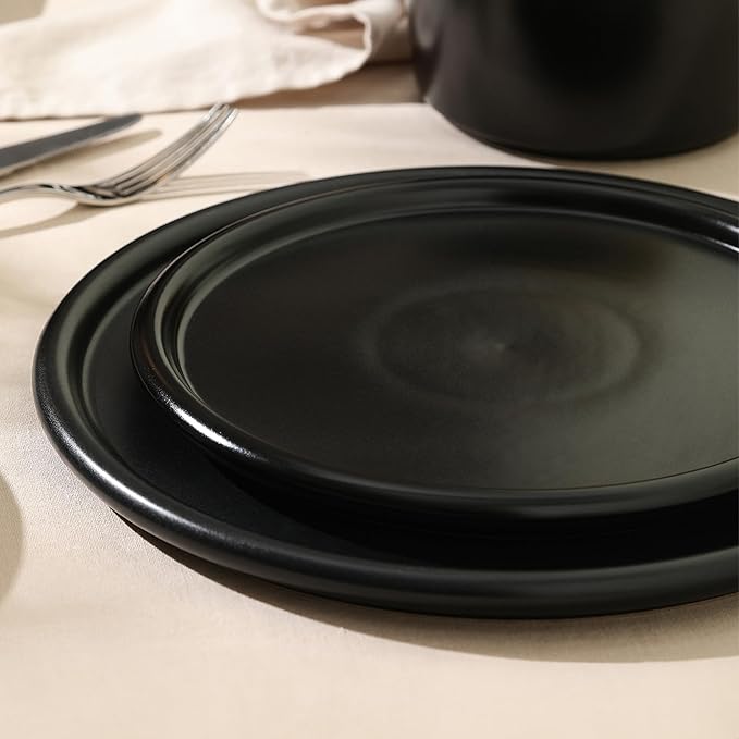 Stone Lain Eden Dinner Plate Set, 4-Piece Black Stoneware Plates - 10.75” Round Modern Tableware for Everyday Dining & Entertaining - Durable Dish Set, Microwave & Dishwasher Safe