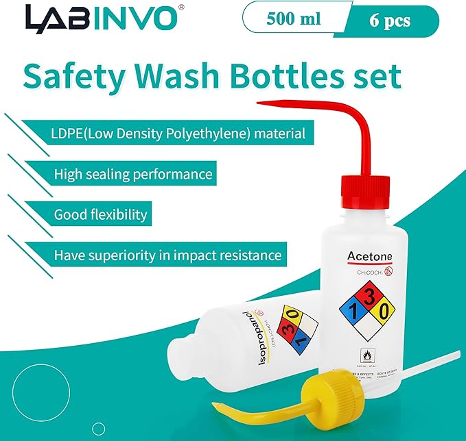 LABINVO Safety Wash Bottles, Vol.500ml, 6PCS of Lab Rinse Squeeze Bottles, Printed Acetone, Ethyl Alcohol, Methanol, Isopropanol, Distilled Water, Sodium Hypochloride, LDPE Material, IN-WBS001