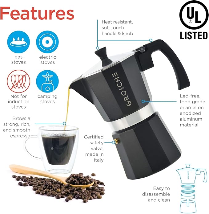 GROSCHE Milano Stovetop Espresso Maker Moka Pot 9 espresso Cup 15.2oz Black