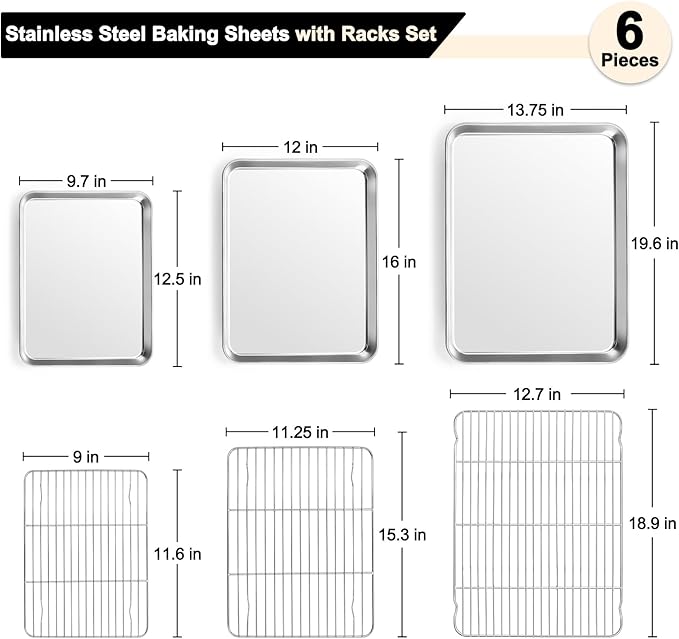 TeamFar Baking Sheet with Rack Set, 3 Pans + 3 Racks, 19.6/16/12.5 Inch