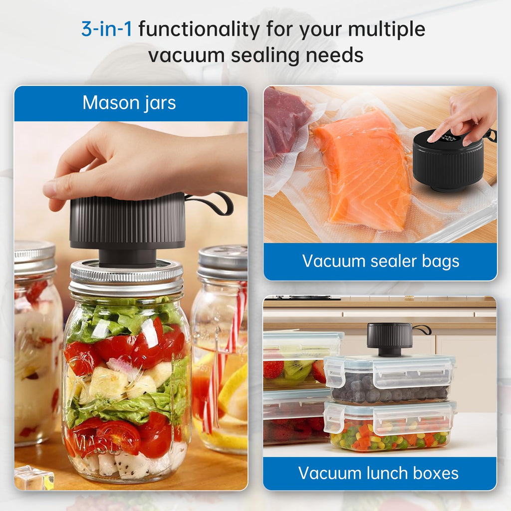 Electric Mason Jar Vacuum Sealer Kit, 3-in-1 Handheld Jar Sealer, Black