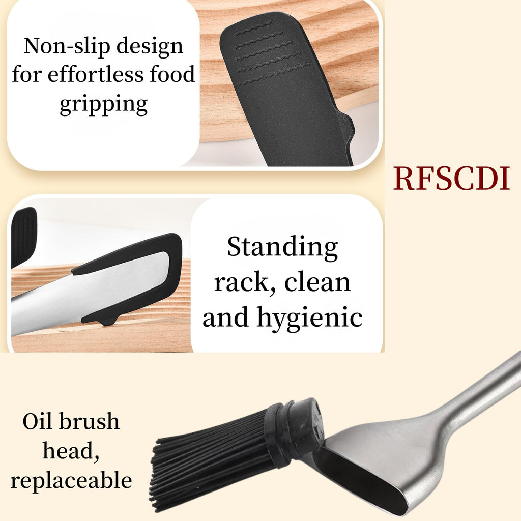 RFSCDI Heat-Resistant Kitchen Tongs and Basting Brush Set - 600℉ Stainless Steel Cooking Tongs with Metal Locking Mechanism - Ideal for Cooking, Grilling Steak, Baking Bread, and BBQ,(Silver 2Pcs)