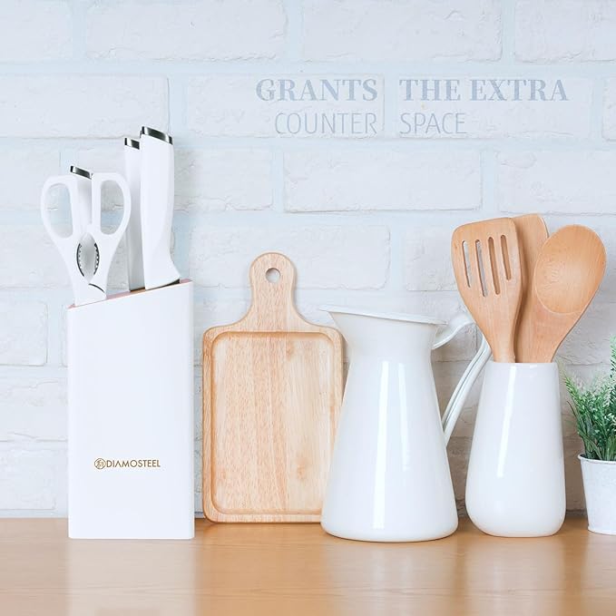 Diamosteel White Knife Set with Wooden Block, 7-Piece Knife Block Set