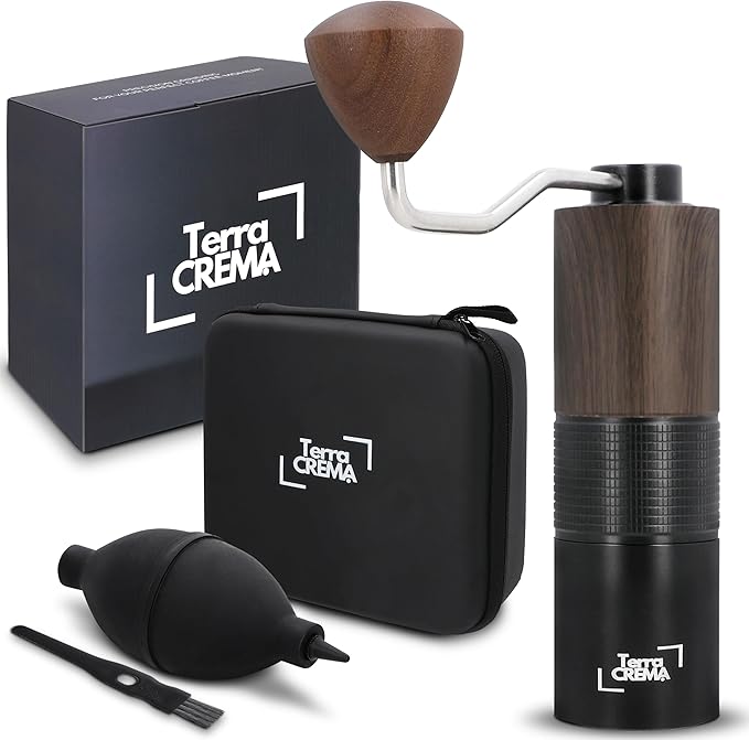 Terra CREMA Manual Coffee Grinder – Precision Stainless Steel Conical Burr Hand Grinder for Espresso, Pour Over, French Press & Aeropress – All-in-One Travel Kit with Carry Case, Brush & Air Blower