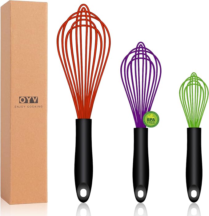 OYV Silicone Whisk Set of 3, 8/10/12 Inch, Dishwasher Safe,Red/Purple/Green