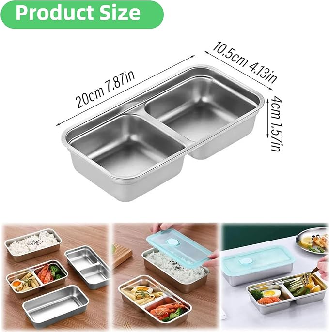 herrydale Stainless Steel Lunch Box for Kids – 2 Compartment Leakproof Snack Container with Lids, Reusable Bento Food Storage for School, Travel & Meal Prep (4-Pack)