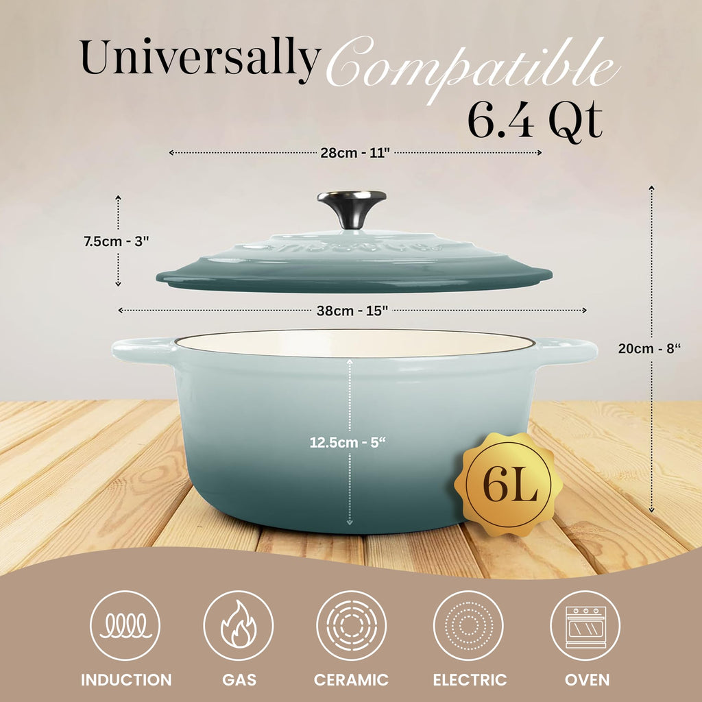 Nuovva Enamelled Cast Iron Dutch Oven Pot with Lid 6.4 Quart Non Stick Casserole Pot-Heavy Duty & Oven Safe up to 500° F for Bread Baking, Braising, Stews, Roasting - 28cm Sea Salt