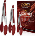 EDDEAS Tongs For Cooking - 7",9" and 12 inch Kitchen Tong with Silicone Tip,Heat Resistant 600 Degrees Metal Locking Tongs - for cooking,Salad and Barbecue,Red Set of 3