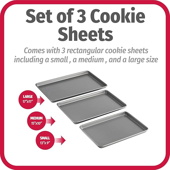 GoodCook Everyday Nonstick Baking Sheet Set, 3 Pack Includes Small (13×9) Medium (15×1) and Large (17×11) Pans Carbon Steel Construction Cookie Sheets Bakeware Set, Gray