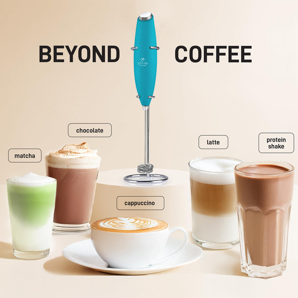 Zulay Powerful Milk Frother for Coffee with Upgraded Titanium Motor - Handheld Electric Whisk, Milk Foamer, Mini Mixer & Coffee Blender for Frappe, Latte, Matcha, No Stand - Ocean Blue