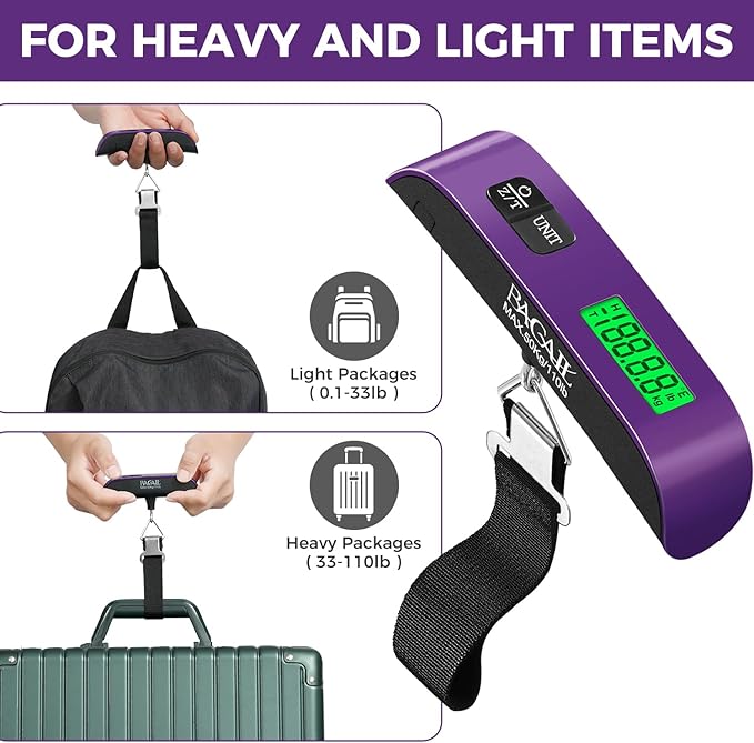 BAGAIL Digital Luggage Scale, 110lbs Hanging Baggage Scale with Backlit LCD Display,Portable Suitcase Weighing Scale,Travel Luggage Weight Scale with Hook,Strong Straps for Travelers(Purple)
