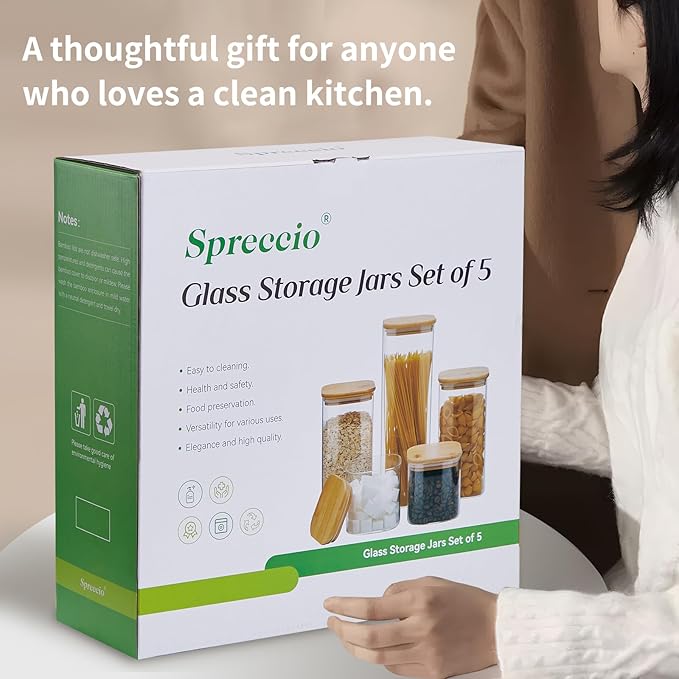 Spreccio Square Glass Food Storage Jars with Lids[Set of 5], Perfect for Pasta, Cookies, Nuts, Coffee, Cereal, Flour,Organize Your Kitchen and Pantry with these BPA-Free Glass Jars with Canisters