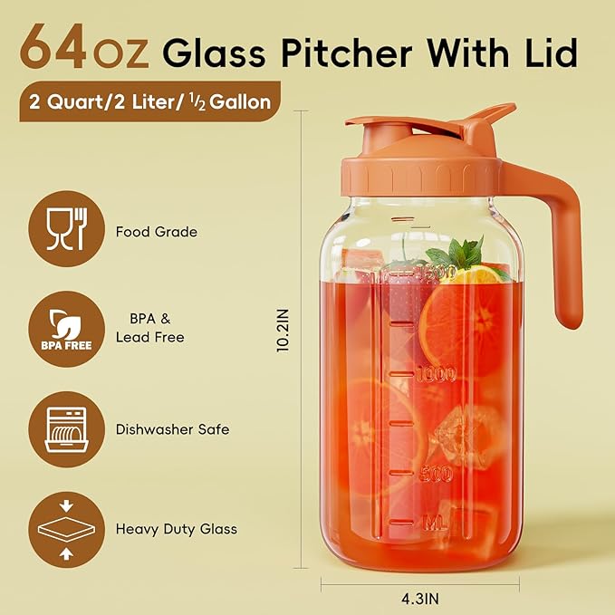 JunVpic Glass Pitcher with lid, 64 oz Wide Mouth Mason Jar