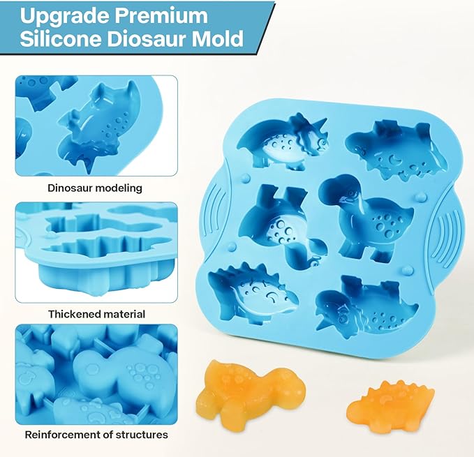 2-Pack Silicone Dinosaur Molds with Lids, Multi-Purpose Jello Molds for Kids, Dinosaur Silicone Mold for Chocolate, Baking & Crafting Tool for Cake, Candy, Jello, Ice Cubes - Blue