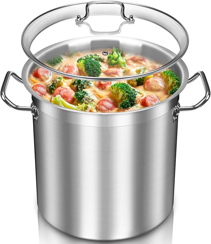 24 Quart Stainless Steel Stock Pot with Lid – Heavy Duty Cooking Pot for Soup, Stew, Pasta – Induction Compatible, Dishwasher Safe – Ideal for Home & Commercial Use