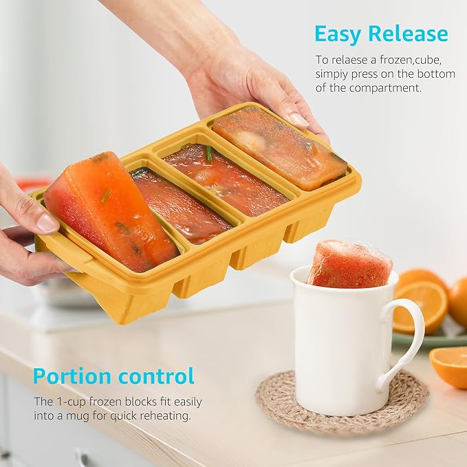 Ztomine Silicone Freezer Tray With Lid - Silicone Freezer Food Molds- Large Ice Cube Tray,Silicone Freezer Container,Freeze & Store Soup, Sauce, Broth,Leftovers - Makes 4 Perfect 1 Cup