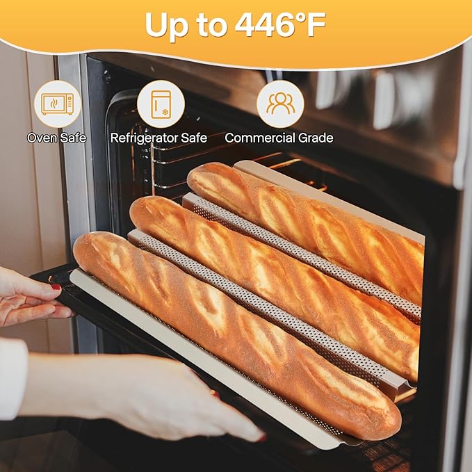 Barlket Baguette Bread Pan, Nonstick French Bread Baking Pan 3 Loaf, Golden