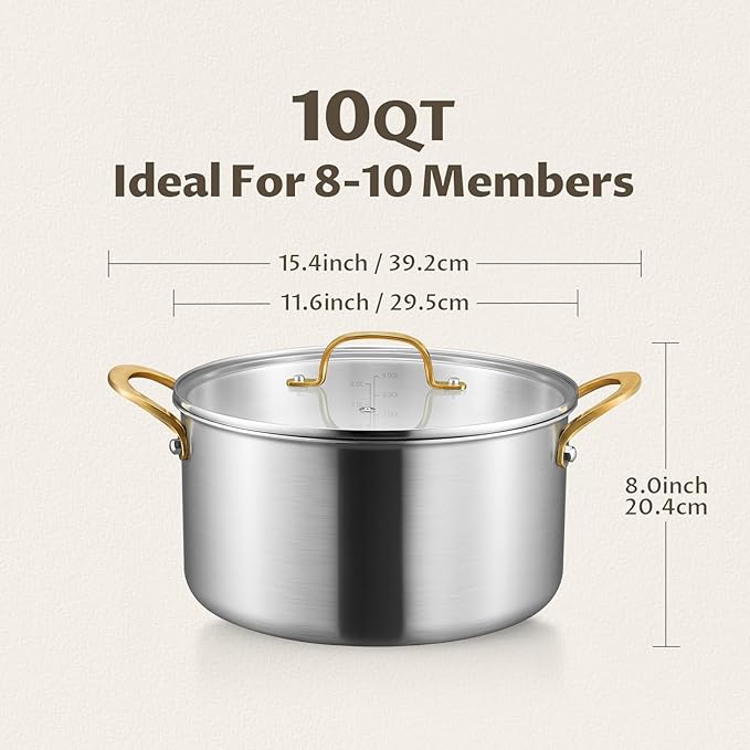 BEZIA 10 QT Stock Pot with Lid, Full Clad Tri-Ply Stainless Steel Soup Pot