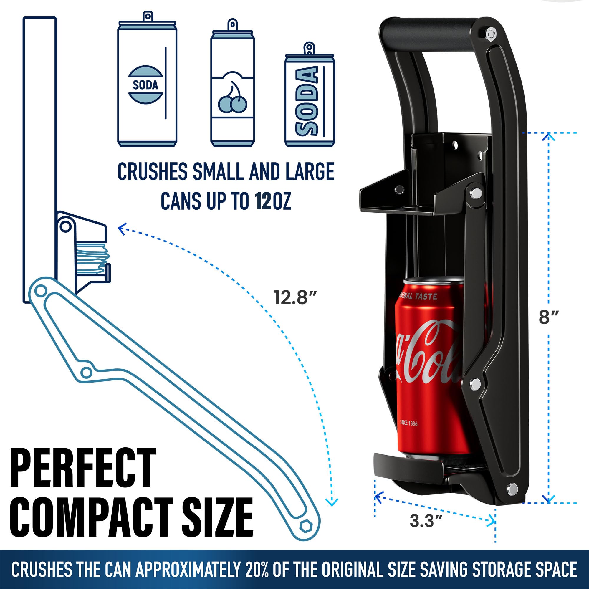 Can Crushers for Recycling - 16 oz Heavy Duty Aluminum Can Crusher Wall Mounted - Soda and Beer Can Smasher for Recycling with Bottle Opener - For 12 and 16 oz Cans - Easy to Install - RamPro