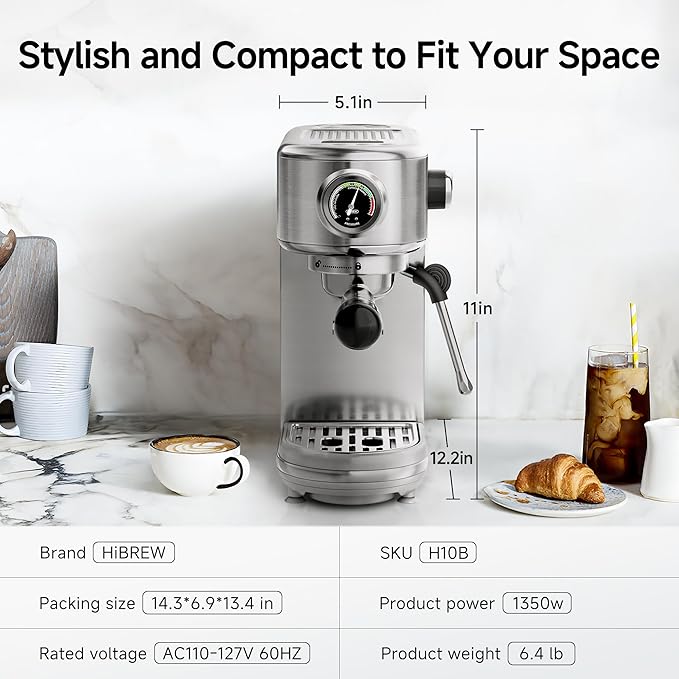 HIBREW H10B Programmable Espresso Machine with LED Display & Pressure Gauge