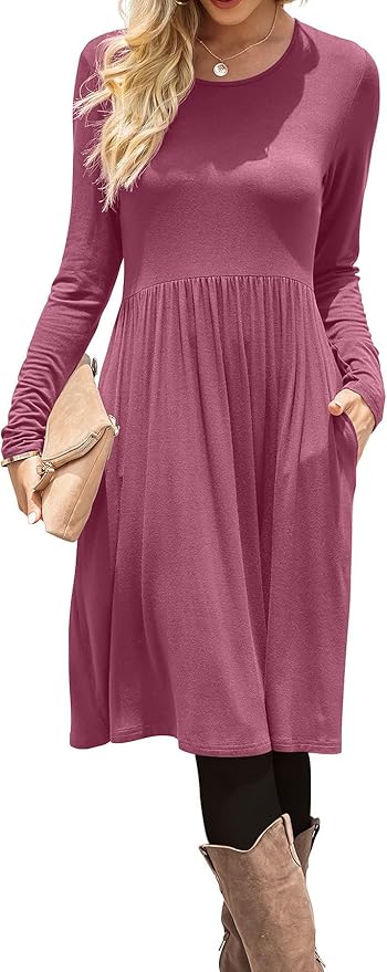 DB MOON Women Casual Long Sleeve Dresses Empire Waist Loose Dress with Pockets (Mauve, 2XL)