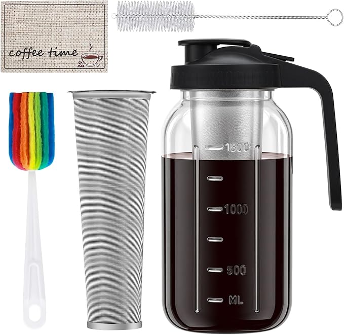 Cold Brew Coffee Maker, 64oz Glass Mason Jar Pitcher with Lid, Filter & Mat