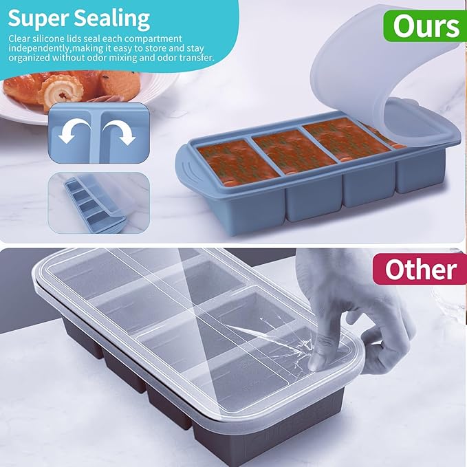 Silicone Freezer Molds Gift Set with 2 Tbsp, 1/2, 1, and 2 Cup Silicone Freezer Trays With Lids - Meal Prep and Kitchen Essentials Bundle (Blue 4 Pack)