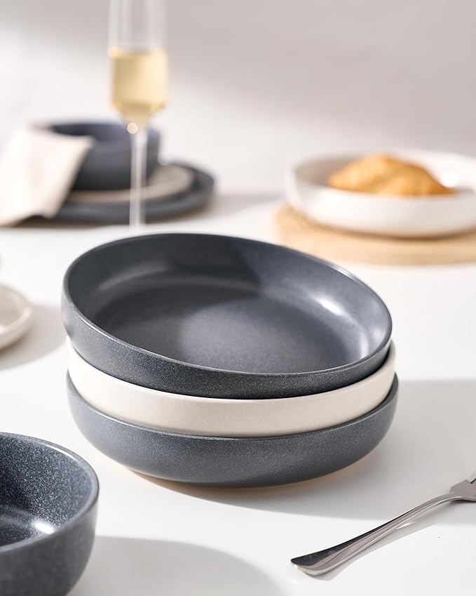famiware Milkyway 33 oz Pasta Bowls Set of 4, Dark Charcoal & White