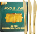 FOCUSLINE 300 Pack Disposable Gold Plastic Knives, Solid and Durable Plastic Cutlery Knives, Heavy Duty Disposable Utensil Silverware for Catering, Parties, Dinners, Weddings