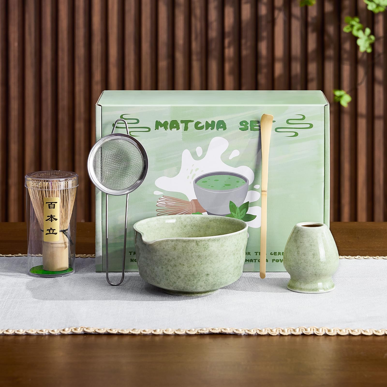 Nigwet 5Pcs Matcha Whisk Set - Matcha Bowl with Spout, 100% Bamboo Whisk (Chasen), Holder, Stainless Sifter, Tea Scoop. Japanese Ceremony Matcha Kit for Beginners, Ideal Gift for Tea Lovers (Green)