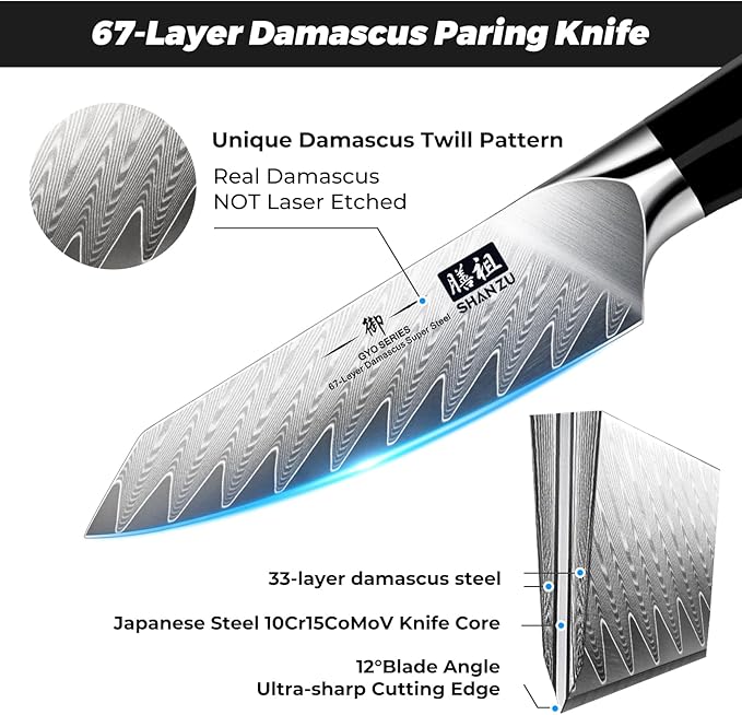 SHAN ZU Damascus Paring Knife,Fruit Knife 4 Inch