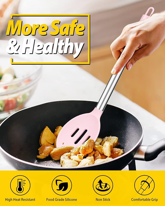 BUNDLEPRO Silicone Cooking Spoons for Non Stick Cookware, 2 Pack, Pink