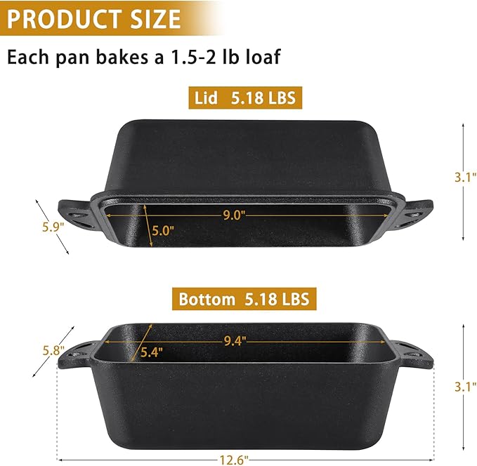 AILITOR Cast Iron Loaf Pan with Lid 9x5 Inch - Bread Baking Pans for Homemade Bread, 2 Piece Set