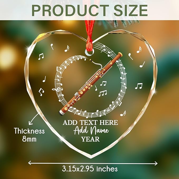 Personalized Text Name & Year Bassoon Christmas Ornament, Bassoon Musical Instrument Glass Ornament for Xmas Tree, Customized Music Lover Christmas Hanging Ornaments 2026, Gift for Bassoonist