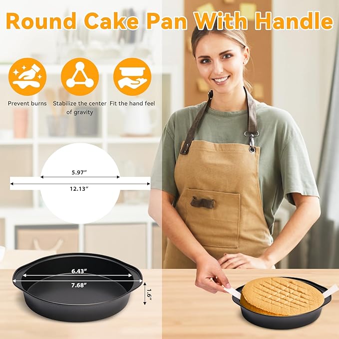tutikuki 6 Inch Cake Pan - 3PCS Nonstick Round Cake Pans with 100 PCS Parchment Paper, Carbon Steel Smash Cake Baking Pans with Handle, Dishwasher Safe