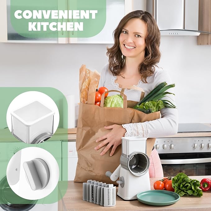 Leriton 6-in-1 Multifunctional Rotary Cheese Grater with 11 Blades Vegetable Shredder Food Shred Dice Slicer Chopper with Suction Base Rotating Handle Safety Push Cup for Kitchen Housewife Gift(White)