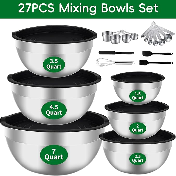 WEPSEN Mixing Bowls Set, 25PCS Stainless Steel Mixing Bowl with Lid Set, Large Nesting Bowls 7, 4.5, 3,2, 1.5QT, Measuring Cups and Spoons Baking Utensils Metal Bowl for Kitchen Prep