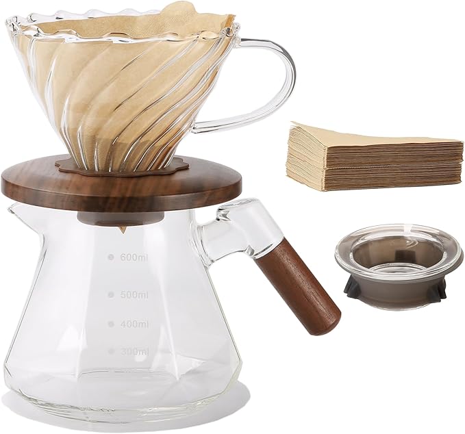 Lalord Pour Over Coffee Maker, 600ml/20oz Borosilicate Glass Set, Coffee Dripper with Walnut Collar, Glass Lid, 100 Paper Filters, 1-3 Cups, Clear