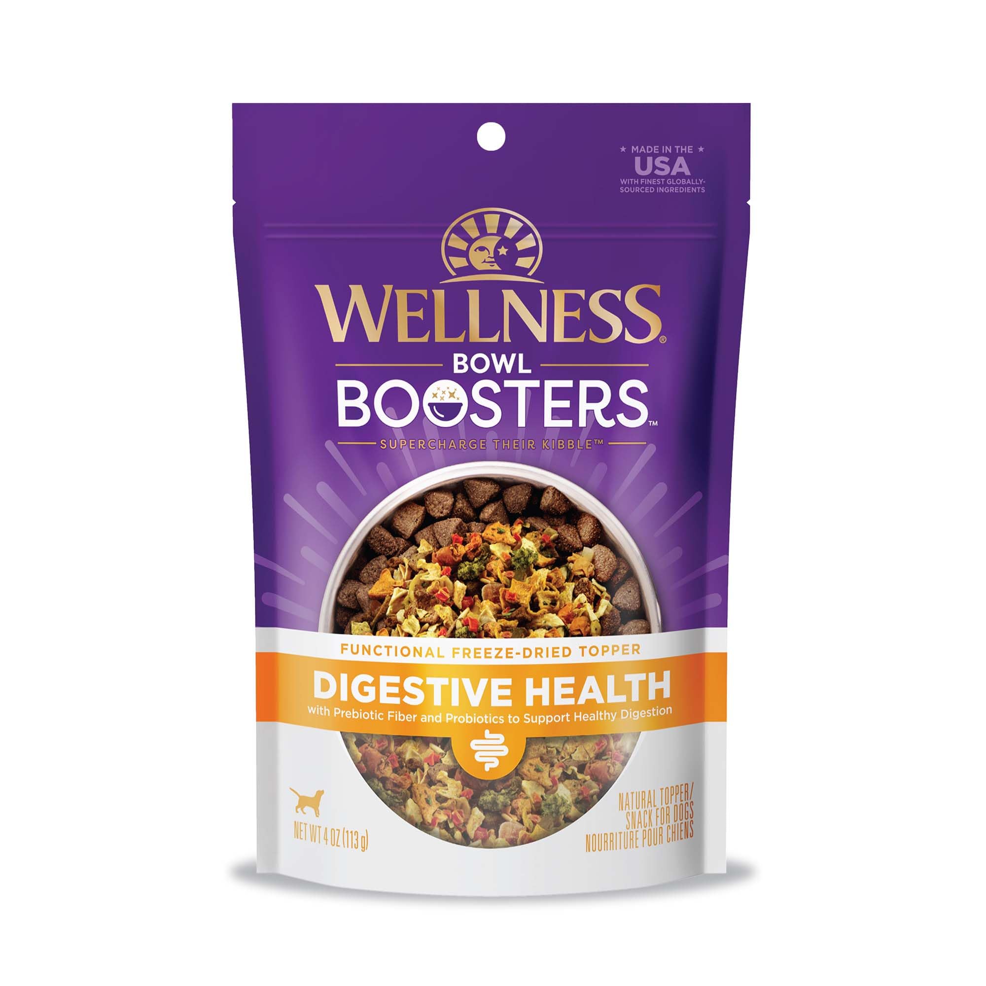 Wellness Bowl Boosters Digestive Health Dog Food Topper with Freeze Dried Pieces for Small, Medium, and Large Breeds, Sensitive Stomach, Grain Free, Natural, Chicken Recipe, 4 oz Bag