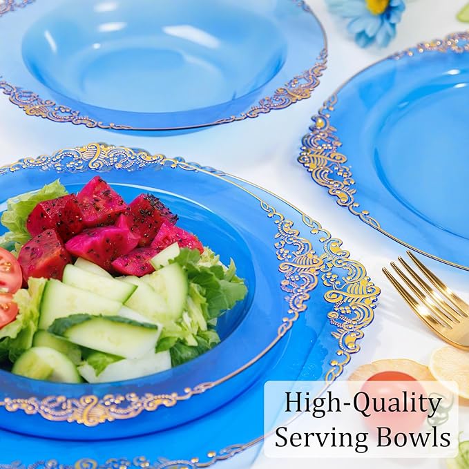 Nervure 50PCS Blue Plastic Bowls with Gold Rim - 12oz Disposable Soup Bowls