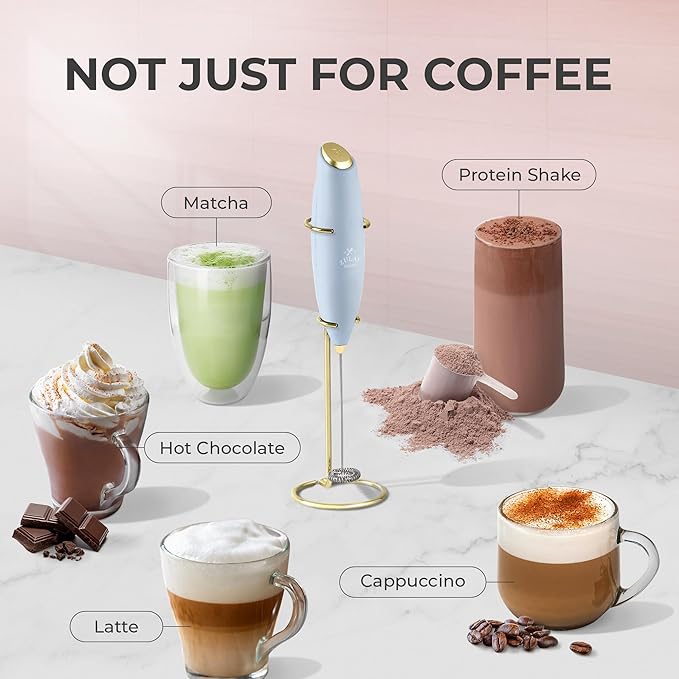 Zulay Kitchen Powerful Milk Frother Wand With Duracell Batteries - Ultra Fast Handheld Drink Mixer - Electric Whisk Foam Maker for Coffee, Lattes, Cappuccino & Matcha - Z1 Motor - Blue & Gold