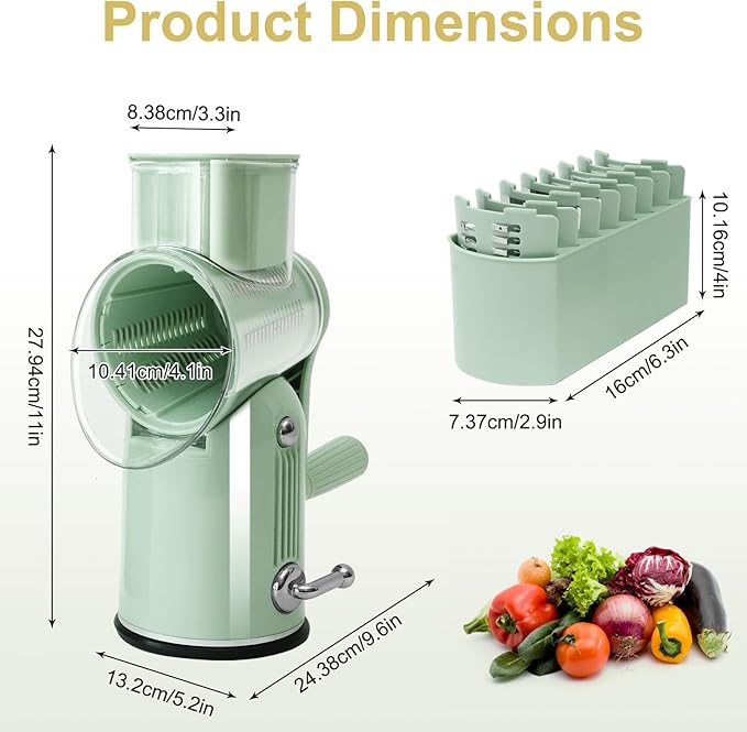 5-in-1 Rotary Cheese Grater and Vegetable Slicer with Suction Base, Green