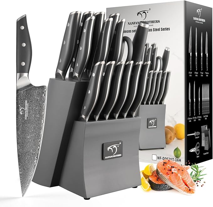 NANFANG BROTHERS 16-Piece Damascus Kitchen Knife Set, Gray Modern Knife Set