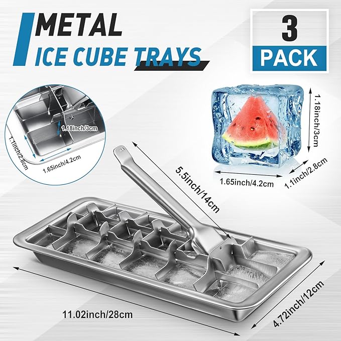 Yaocom 3 Pcs 18 Slot Stainless Steel Ice Cube Maker and Tray Ice Cube Tray for Bars Kitchens Levers Remove Cubes Easy Removal Metal Food Grade Freezer Molds for Food Juice Dishwasher Safe