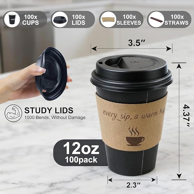 cuphug 12 oz Disposable Coffee Cups with Lids, Sleeves and Straws 100Pack, Thickened Leak-Proof Insulated Paper Cups for Hot Drinks, Home, Office, Cafe, Party