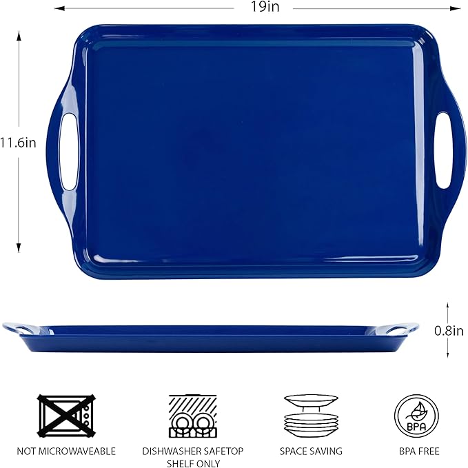 Extra Large Melamine Platters, 19''x11.6'' Serving Tray with Handles for Cookie, Cupcakes, Desserts, Dishwasher Safe, Ottoman Tray Decor, Set of 2, 2 pcs Mats Included (Blue)